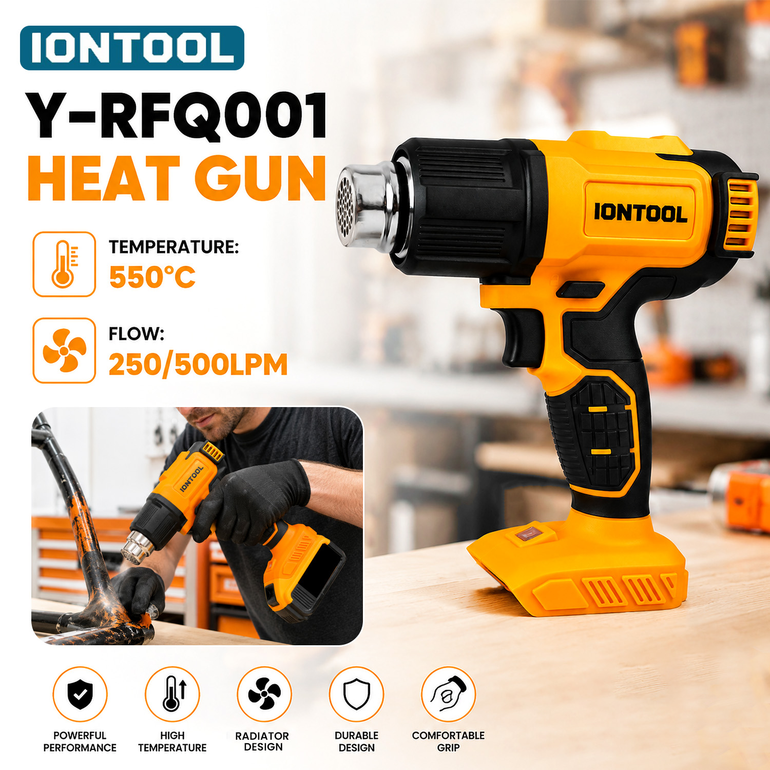 Cordless Heat Gun For Shrink Tubing - ปืนเป่าลมร้อนไร้สายสีเหลือง IONTOOL 550 ℃ สำหรับการลอกสี การทำให้กาวอ่อนตัว