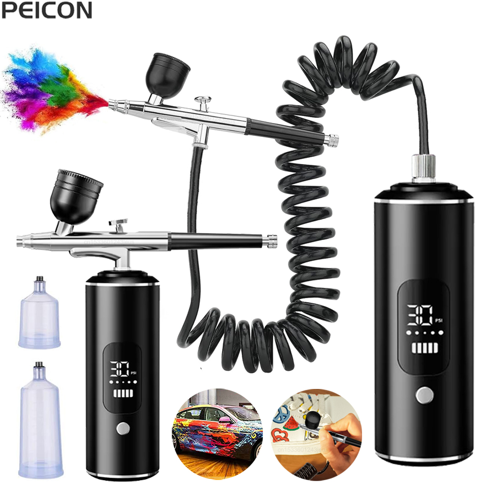 Airbrush Kit With Mini Compressor - Airbrush พร้อมคอมเพรสเซอร์แบบพกพา Airbrush ภาพวาดปืนสเปรย์ขนาดเล็กสําหรับจิตรกรรมสีหัตถกรรม Airbrush คอมเพรสเซอร์สีสเปรย์ปืน
