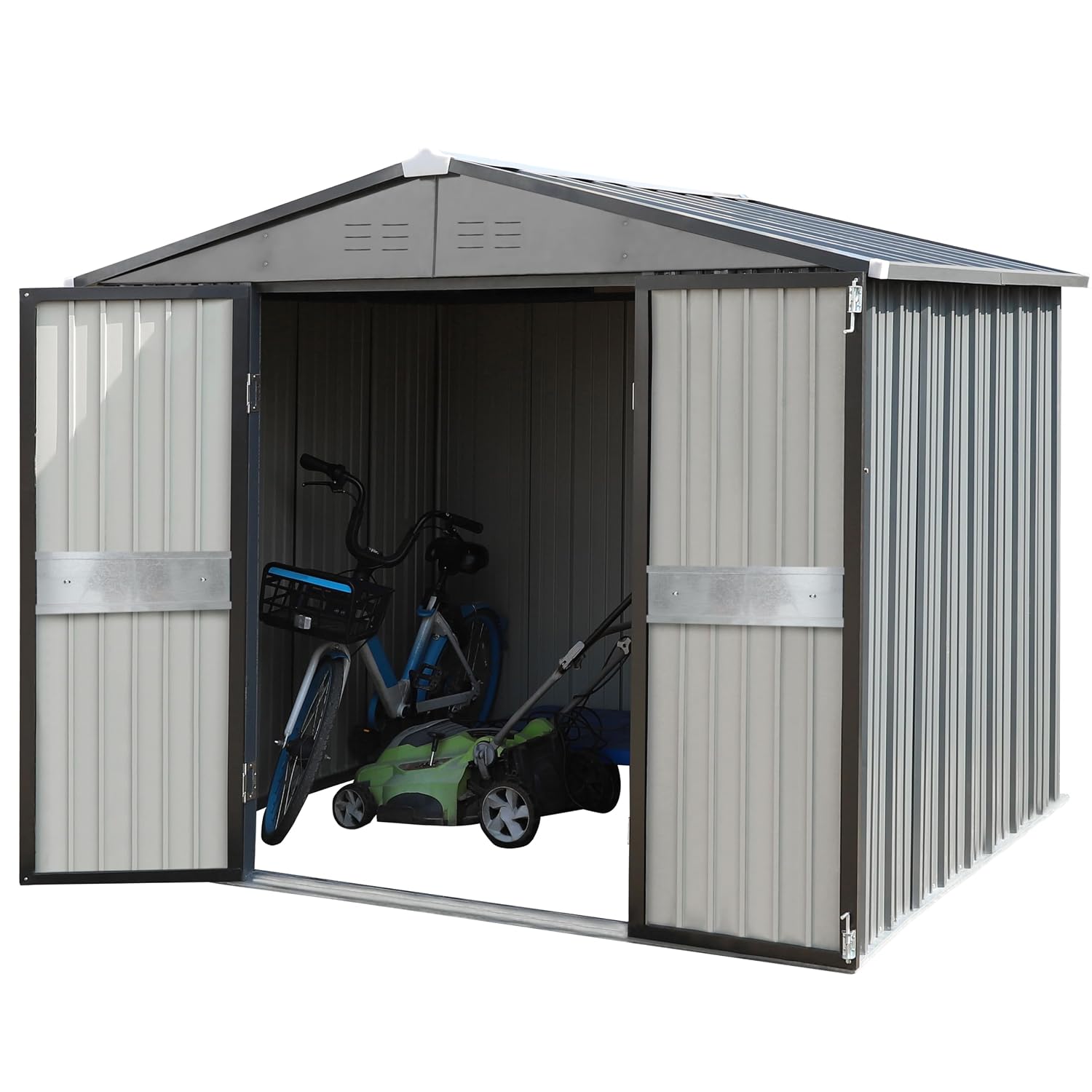 Garden Tools - โรงเก็บของกลางแจ้งขนาด 10' x 10' พร้อมประตูคู่, โรงเก็บของโลหะสำหรับสวน,