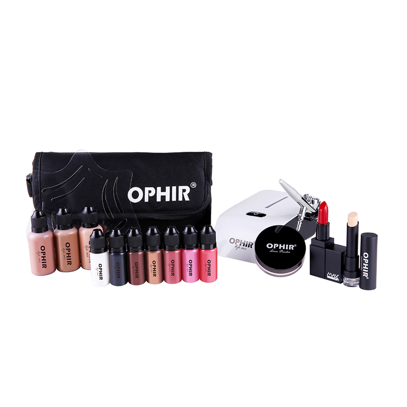 Airbrush Kit With Mini Compressor - OPHIR Proแต่งหน้าตั้ง0.3มิลลิเมตรA Irbrushแต่งหน้าชุดระบบเครื่องอัดอากาศขนาดเล็กและคอนซีลเลอร์มูลนิธิอายแชโดว์บลัชออชุดและกระเป๋า