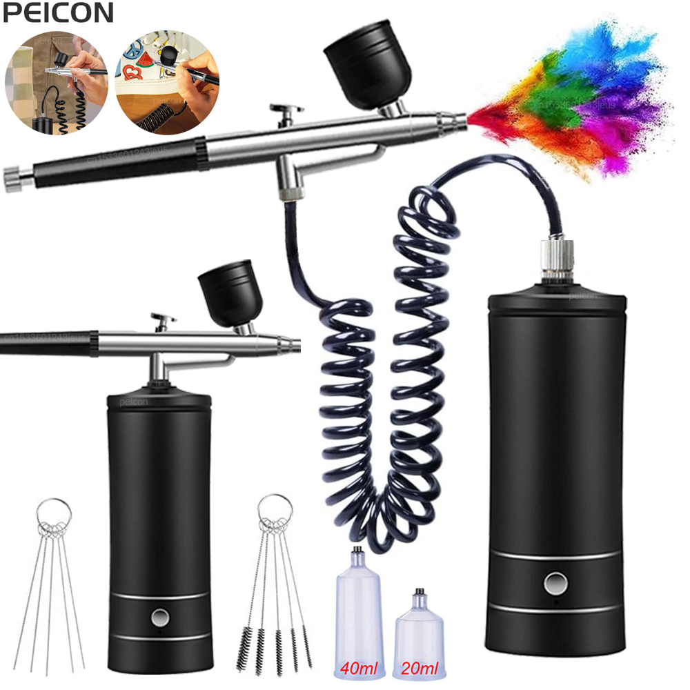 Airbrush Kit With Mini Compressor - แอร์บรัชพร้อมคอมเพรสเซอร์ แอร์บรัชแบบพกพาสีสเปรย์ปืนสเปรย์ขนาดเล็กไร้สายแปรงทาสีชุดพู่กันพร้อมคอมเพรสเซอร์