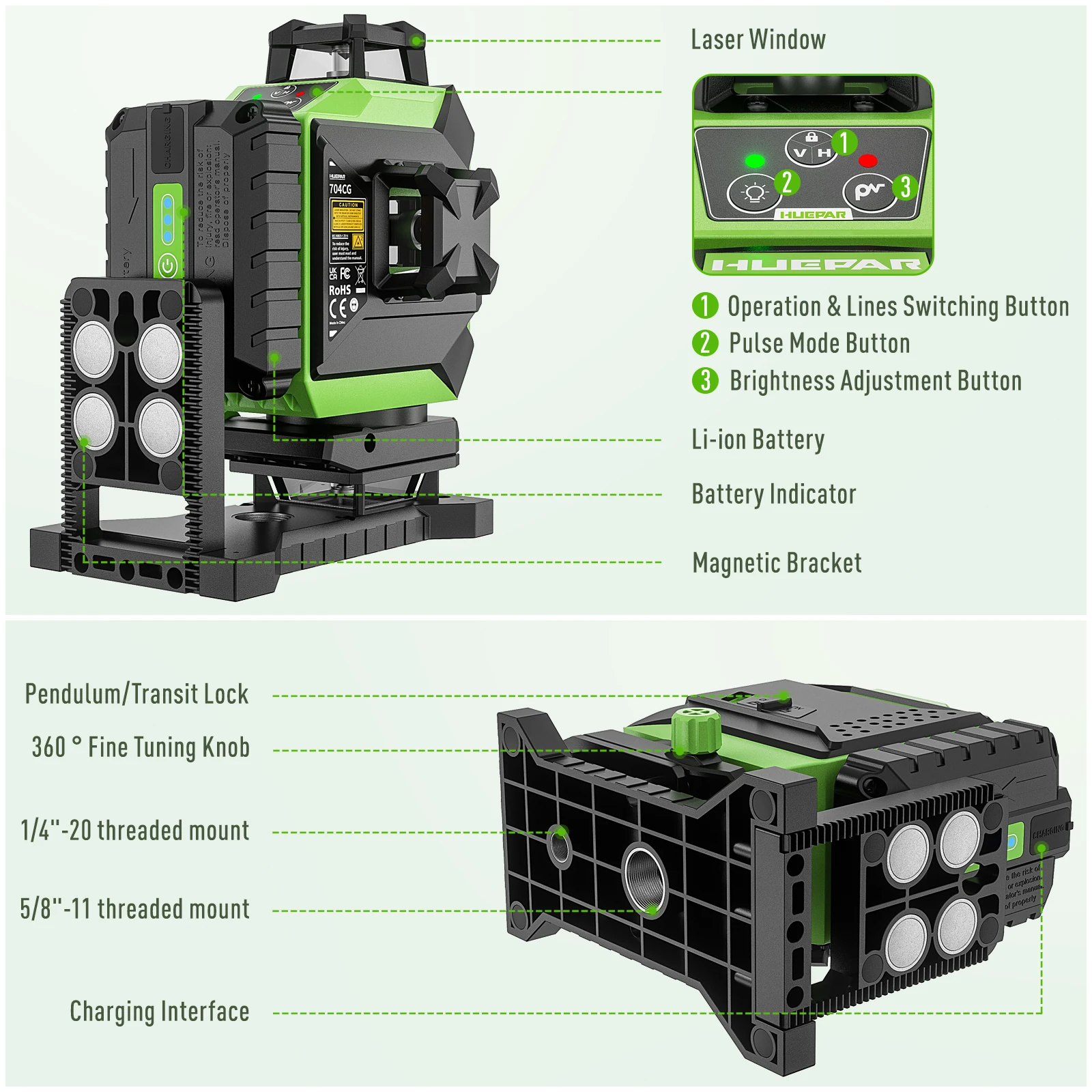 Laser Level 16 Lines 4D Green - เครื่องมือเลเซอร์ Huepar 704CG ดิจิตอล 4 มิติ