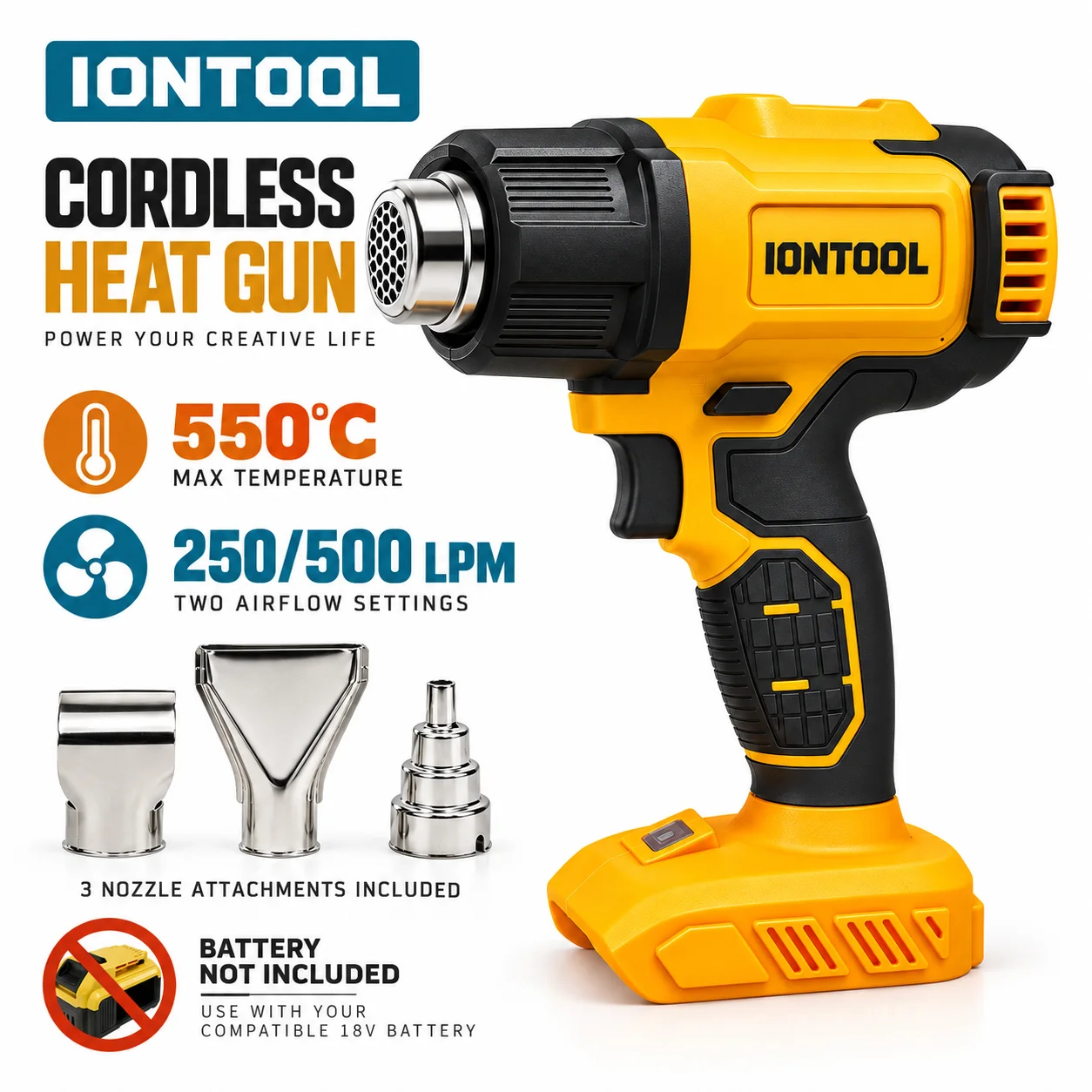 Cordless Heat Gun For Shrink Tubing - ไอออนทูล ปืนลมร้อนไร้สายไร้แปรงถ่าน 250 ลิตร/นาที สำหรับงานบัดกรีอิเล็กทรอนิกส์และงานหดท่อ งานซ่อมแซมบ้าน